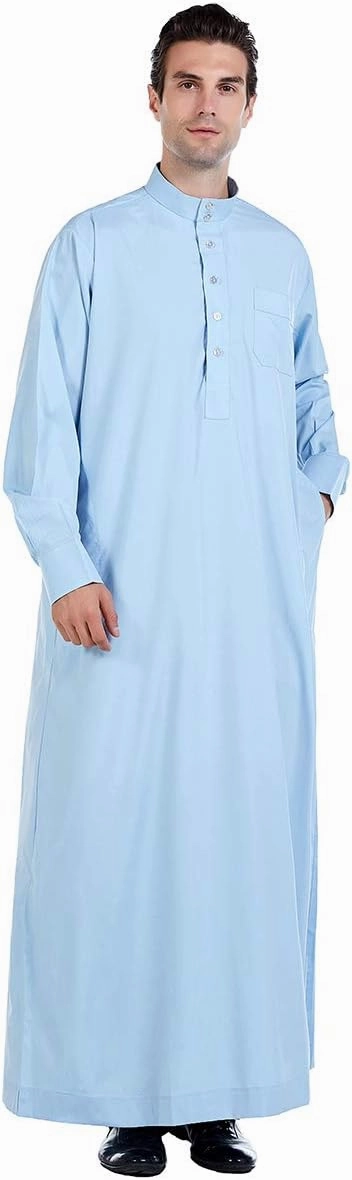 XINNI Men Arabic Long Sleeve Pure Color Thobe Crew Stand Collar Kaftan Robe with Button