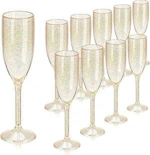 XUWAIDSGN 10 Pcs Champagne Flutes Plastic Wine Glasses Bulk Vintage Champagne Flutes Mimosa Bar Glasses Stemmed Drinking Cups 5.4OZ for Christmas Birthday Wedding Bride (10, Clear gold glitter)