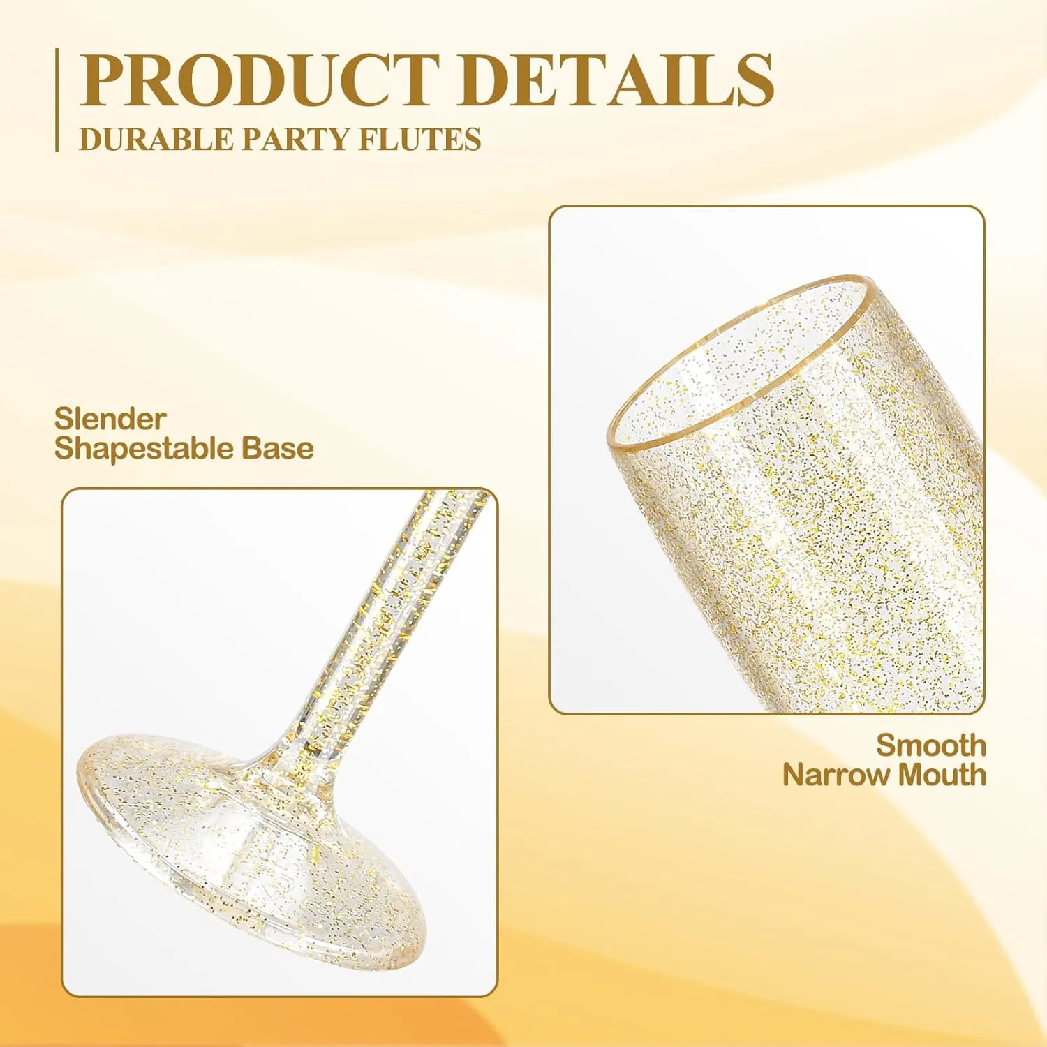 XUWAIDSGN 10 Pcs Champagne Flutes Plastic Wine Glasses Bulk Vintage Champagne Flutes Mimosa Bar Glasses Stemmed Drinking Cups 5.4OZ for Christmas Birthday Wedding Bride (10, Clear gold glitter)
