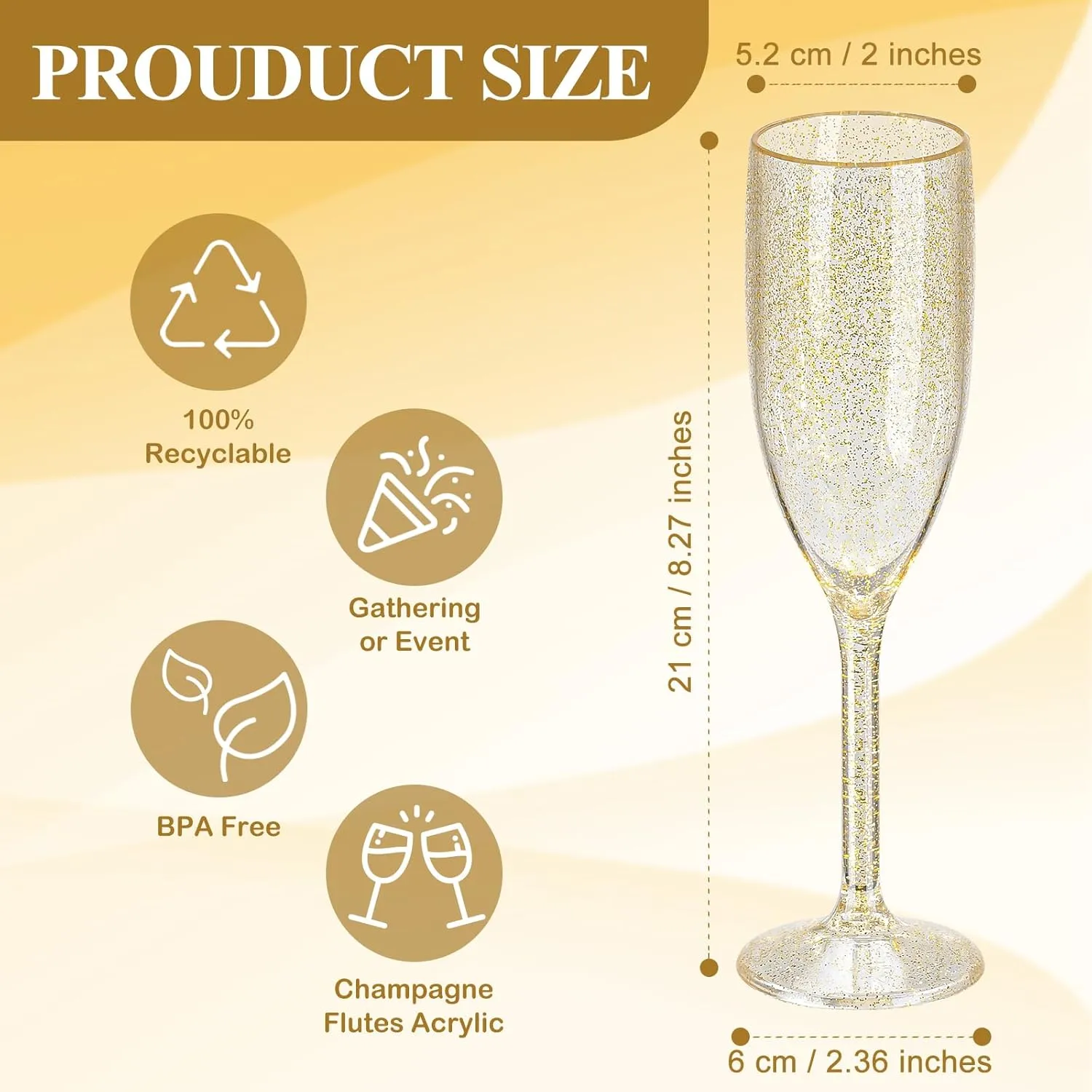 XUWAIDSGN 10 Pcs Champagne Flutes Plastic Wine Glasses Bulk Vintage Champagne Flutes Mimosa Bar Glasses Stemmed Drinking Cups 5.4OZ for Christmas Birthday Wedding Bride (10, Clear gold glitter)