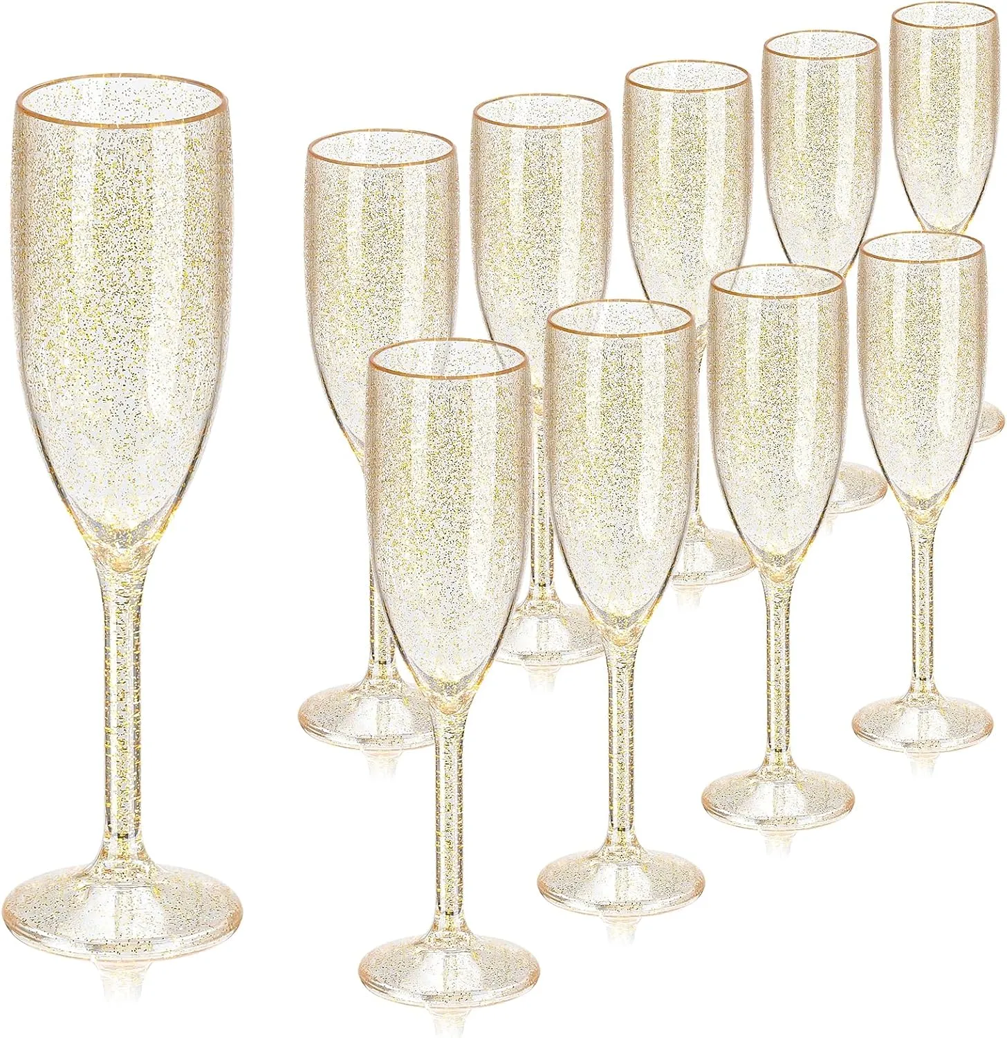 XUWAIDSGN 10 Pcs Champagne Flutes Plastic Wine Glasses Bulk Vintage Champagne Flutes Mimosa Bar Glasses Stemmed Drinking Cups 5.4OZ for Christmas Birthday Wedding Bride (10, Clear gold glitter)