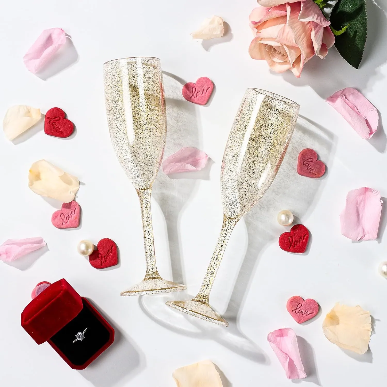 XUWAIDSGN 10 Pcs Champagne Flutes Plastic Wine Glasses Bulk Vintage Champagne Flutes Mimosa Bar Glasses Stemmed Drinking Cups 5.4OZ for Christmas Birthday Wedding Bride (10, Clear gold glitter)