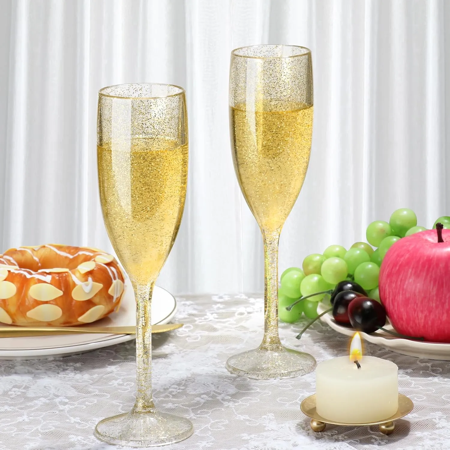 XUWAIDSGN 10 Pcs Champagne Flutes Plastic Wine Glasses Bulk Vintage Champagne Flutes Mimosa Bar Glasses Stemmed Drinking Cups 5.4OZ for Christmas Birthday Wedding Bride (10, Clear gold glitter)