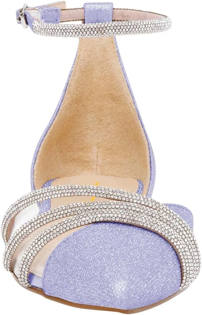 XYD Women Clear Pointed Toe D'Orsay Wedding Flat Sandals Glitter Rhinestones Ankle Strap Low Heel Dressy Bridal Shoes with Buckle