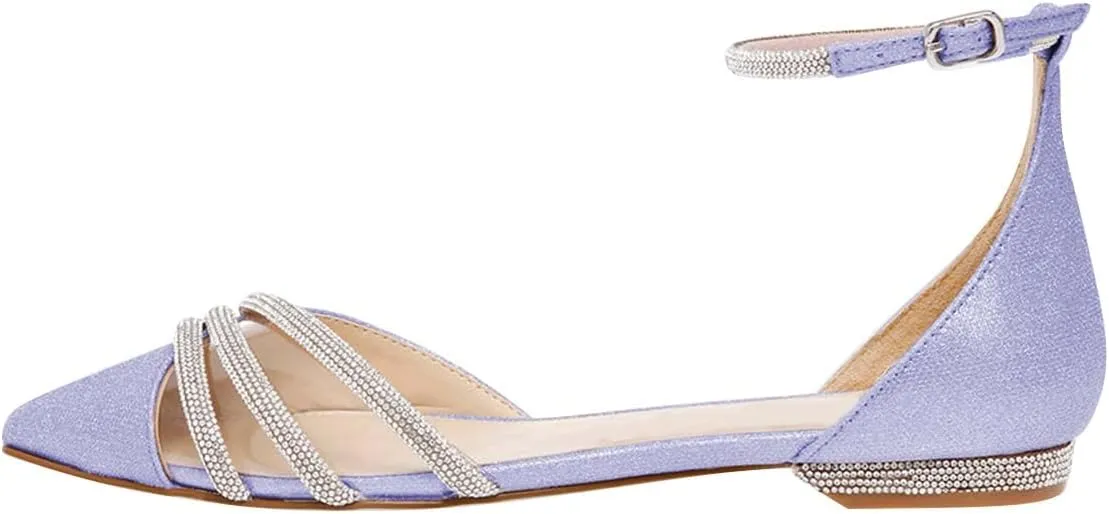 XYD Women Clear Pointed Toe D'Orsay Wedding Flat Sandals Glitter Rhinestones Ankle Strap Low Heel Dressy Bridal Shoes with Buckle