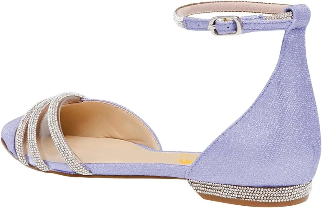 XYD Women Clear Pointed Toe D'Orsay Wedding Flat Sandals Glitter Rhinestones Ankle Strap Low Heel Dressy Bridal Shoes with Buckle