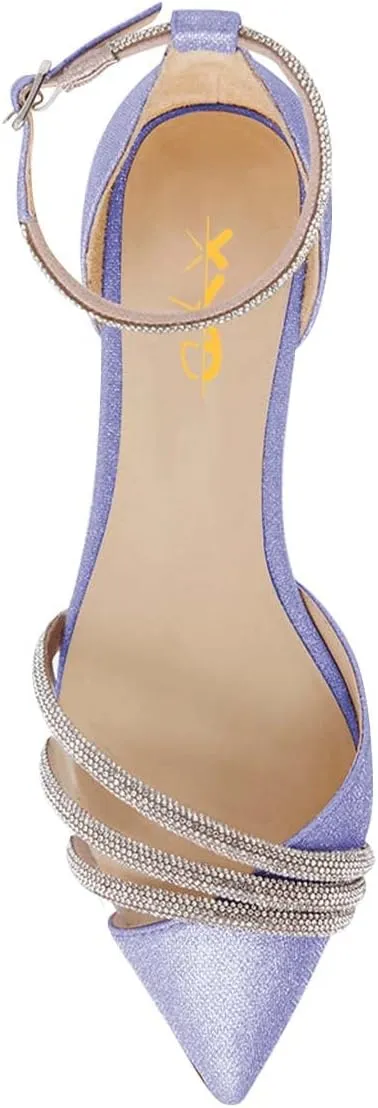XYD Women Clear Pointed Toe D'Orsay Wedding Flat Sandals Glitter Rhinestones Ankle Strap Low Heel Dressy Bridal Shoes with Buckle