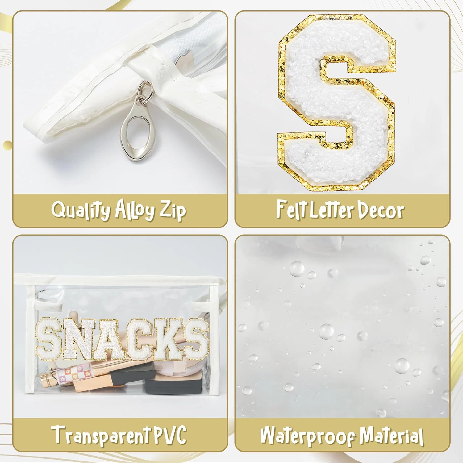 Y1tvei SNACKS Clear Makeup Bag - Preppy Patch White Chenille Varsity Letter Transparent PVC Large Cosmetic Pouch Portable Waterproof Travel Organizer Toiletry Compliant Carry Bag for Women Girl(White)