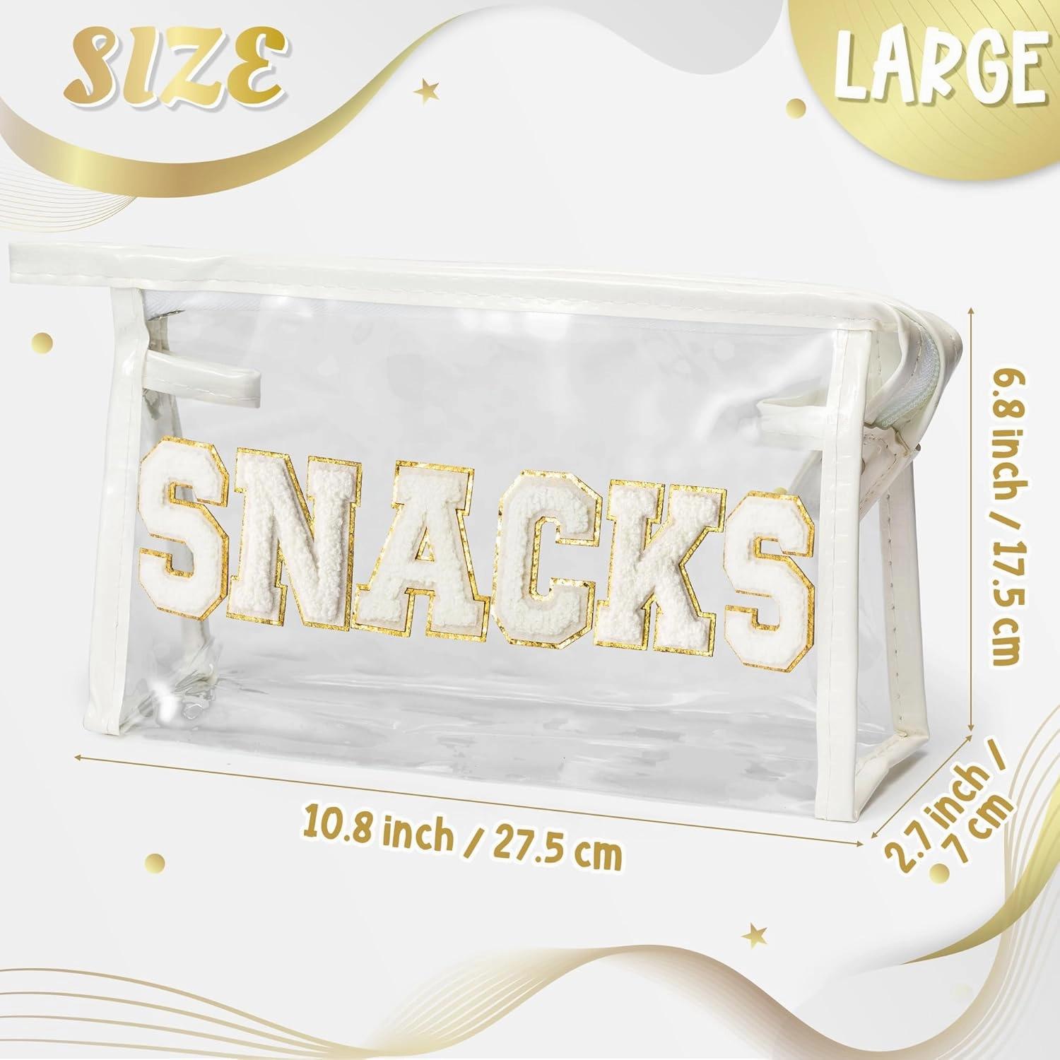 Y1tvei SNACKS Clear Makeup Bag - Preppy Patch White Chenille Varsity Letter Transparent PVC Large Cosmetic Pouch Portable Waterproof Travel Organizer Toiletry Compliant Carry Bag for Women Girl(White)