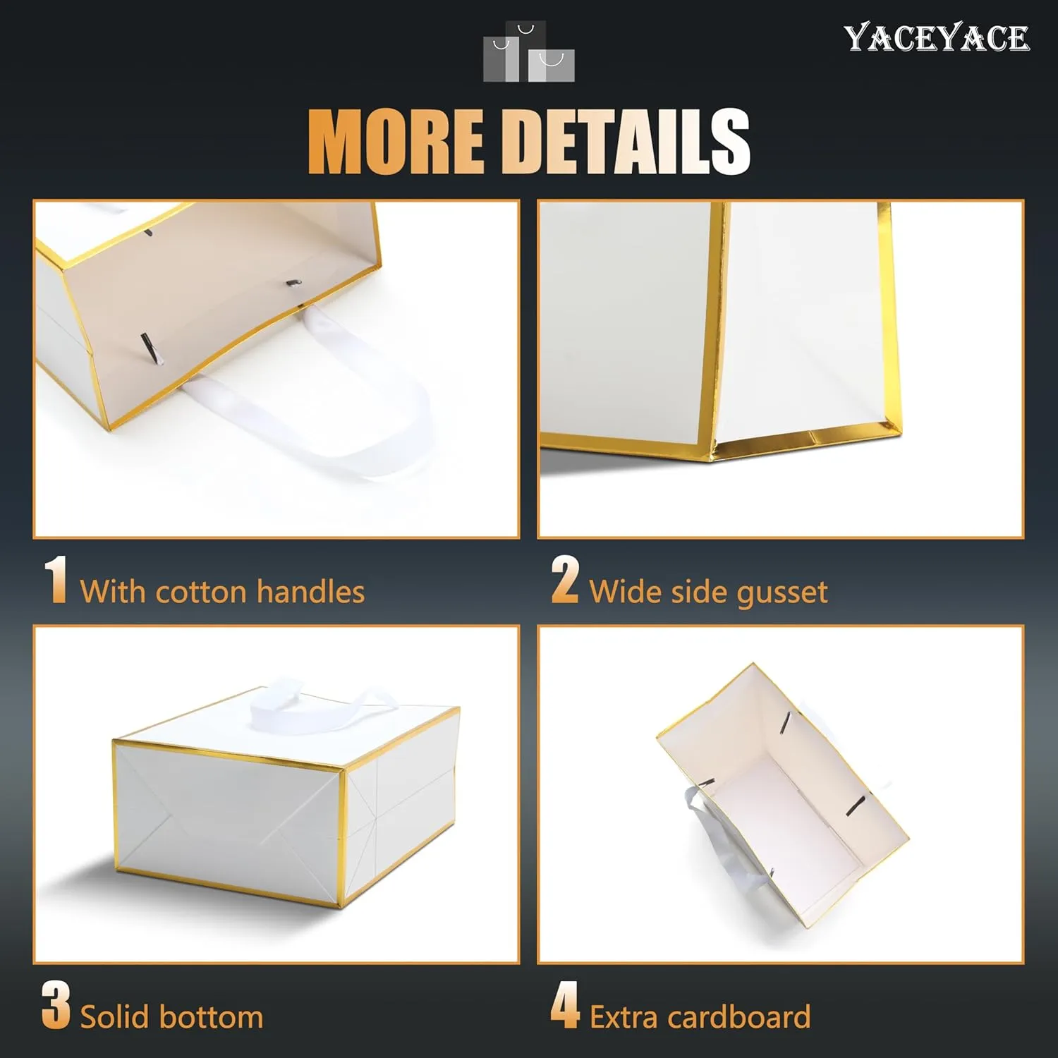 YACEYACE White Boutique Bags - Bulk 8 x 10 x 4, 10Pcs Medium Ribbon Handle Bags, Wedding & Party Luxury-Gold Frame