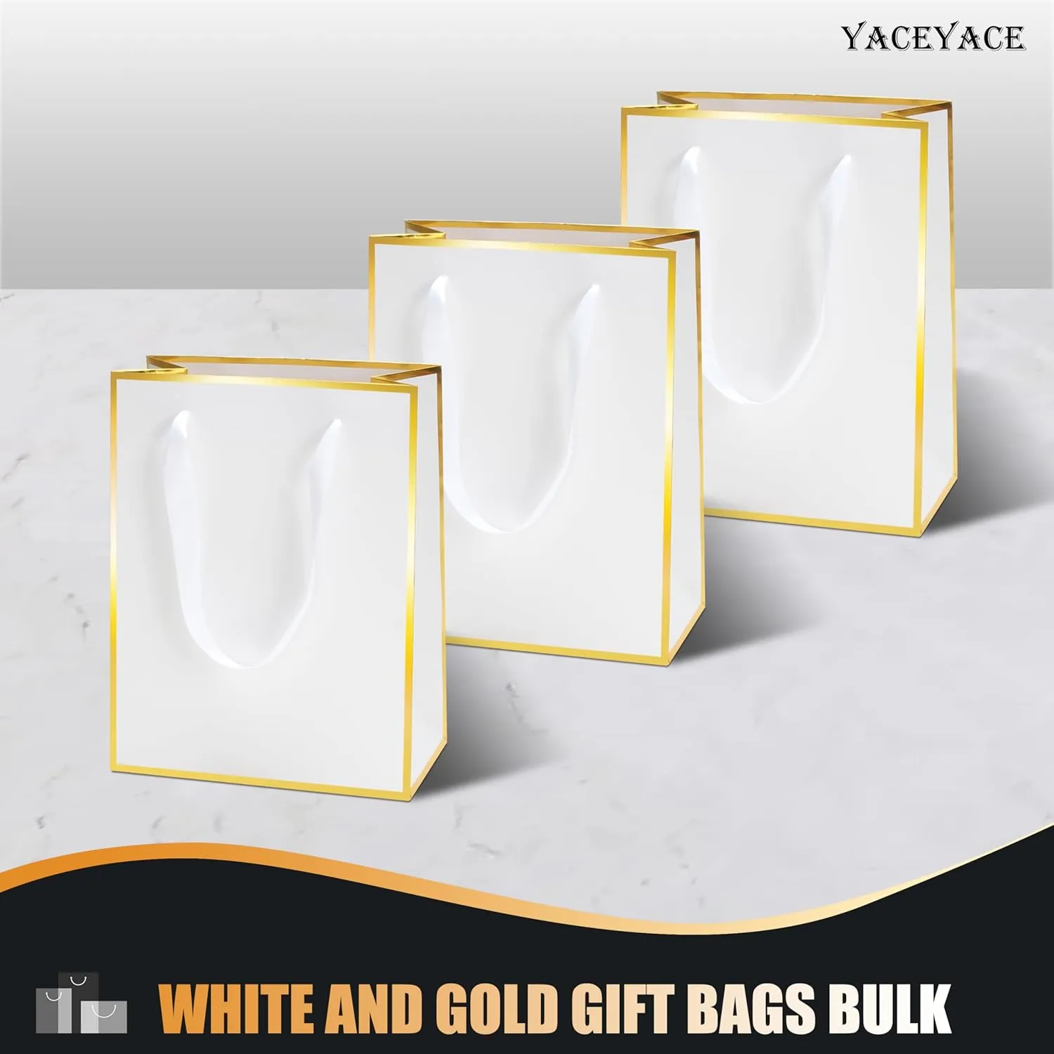 YACEYACE White Boutique Bags - Bulk 8 x 10 x 4, 10Pcs Medium Ribbon Handle Bags, Wedding & Party Luxury-Gold Frame