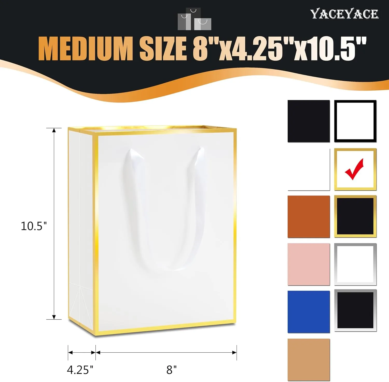 YACEYACE White Boutique Bags - Bulk 8 x 10 x 4, 10Pcs Medium Ribbon Handle Bags, Wedding & Party Luxury-Gold Frame