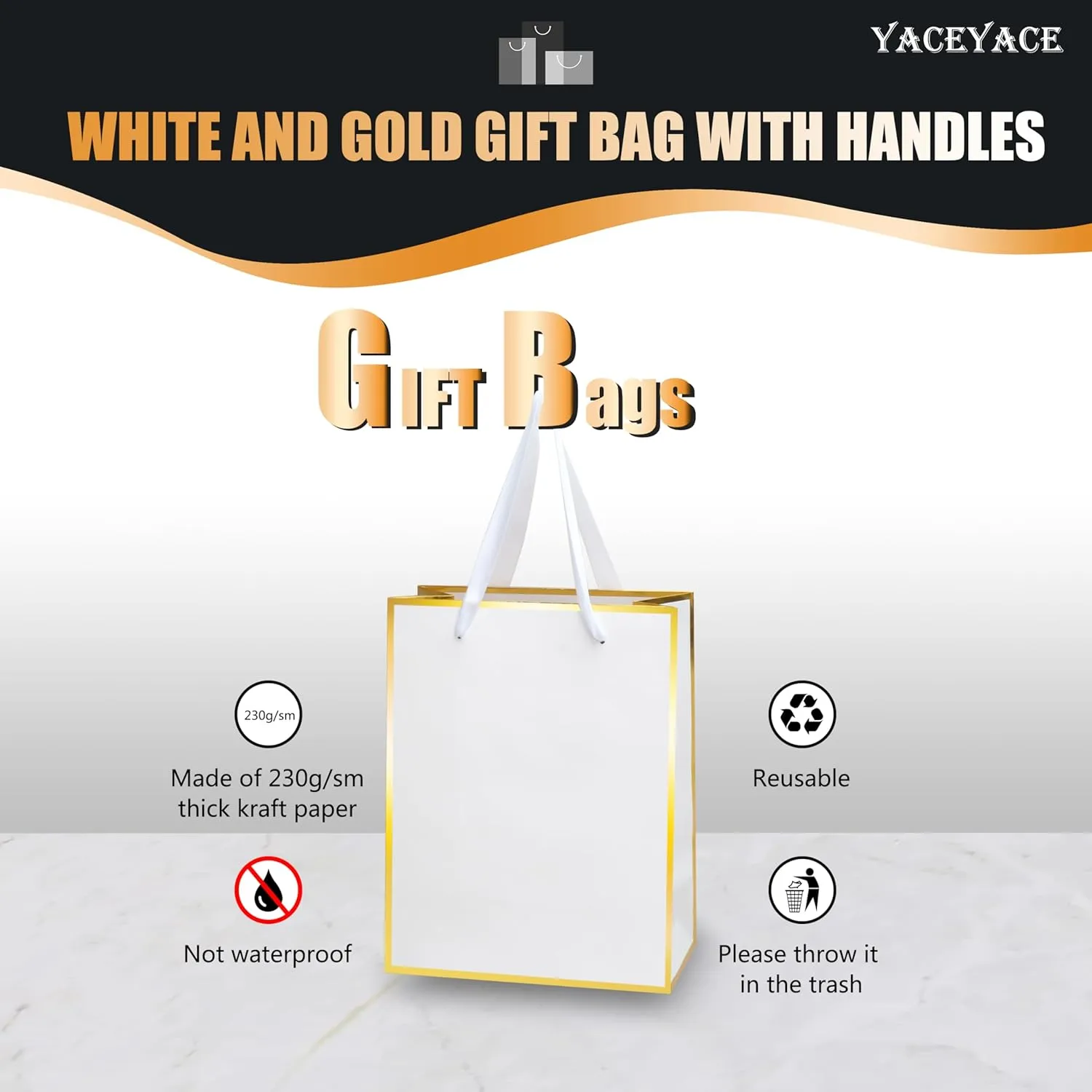YACEYACE White Boutique Bags - Bulk 8 x 10 x 4, 10Pcs Medium Ribbon Handle Bags, Wedding & Party Luxury-Gold Frame