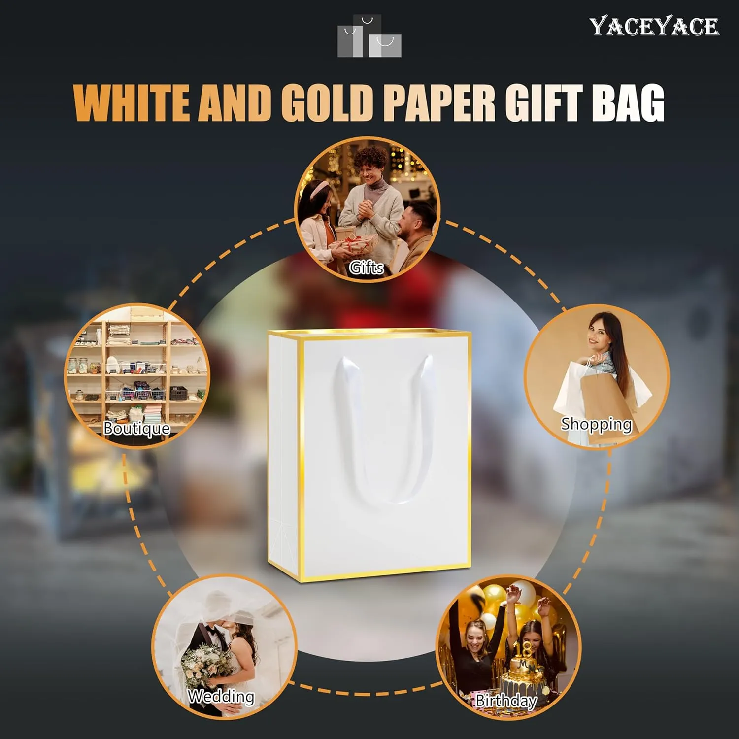 YACEYACE White Boutique Bags - Bulk 8 x 10 x 4, 10Pcs Medium Ribbon Handle Bags, Wedding & Party Luxury-Gold Frame