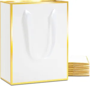 YACEYACE White Boutique Bags - Bulk 8 x 10 x 4, 10Pcs Medium Ribbon Handle Bags, Wedding & Party Luxury-Gold Frame