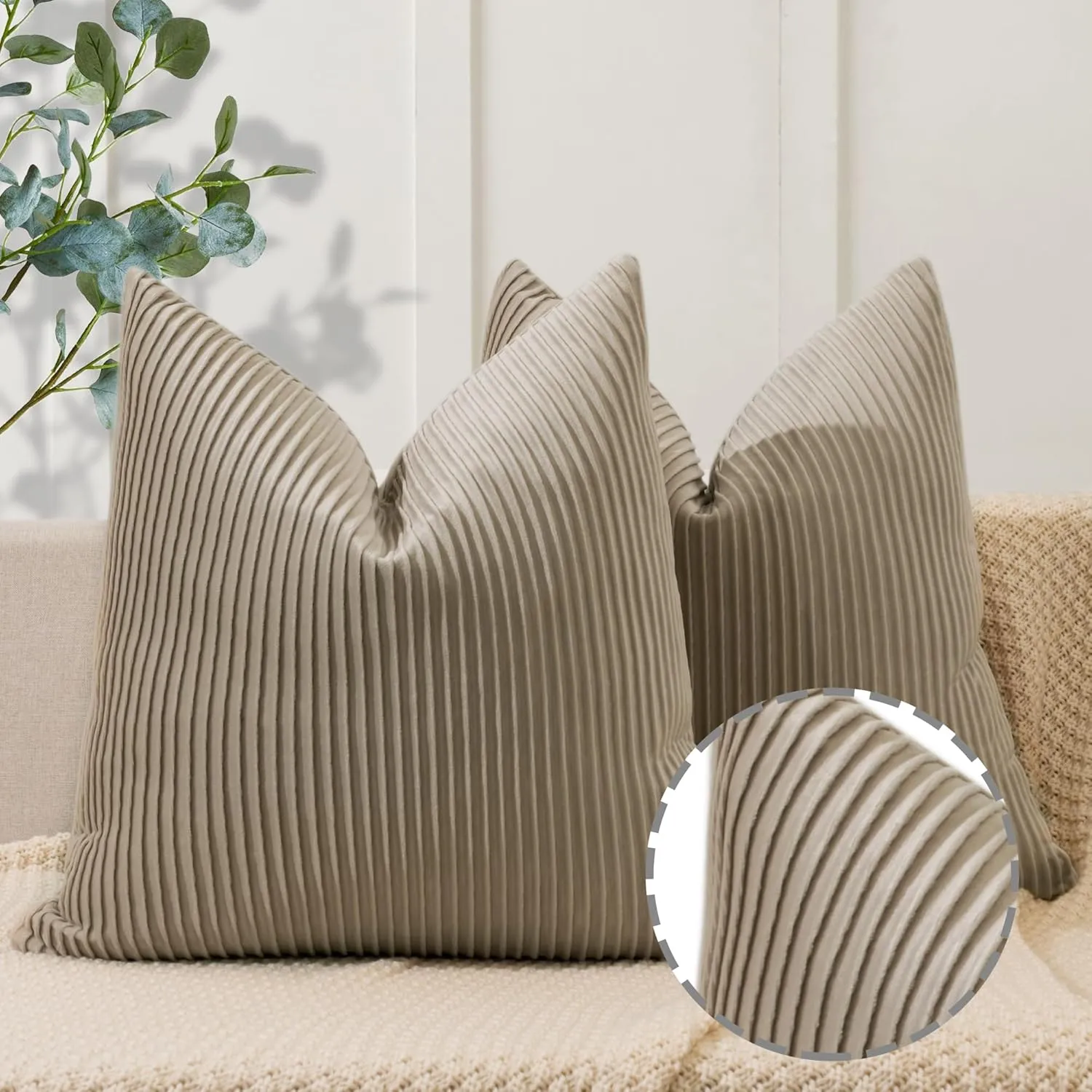 YCOLL Khaki Pillow Covers 18x18 Set of 2 Velvet Striped Pattern - Soft Throw Pillows for Home Decor, Luxury Decorative Pillow Covers for Couch, Bed,Living Room