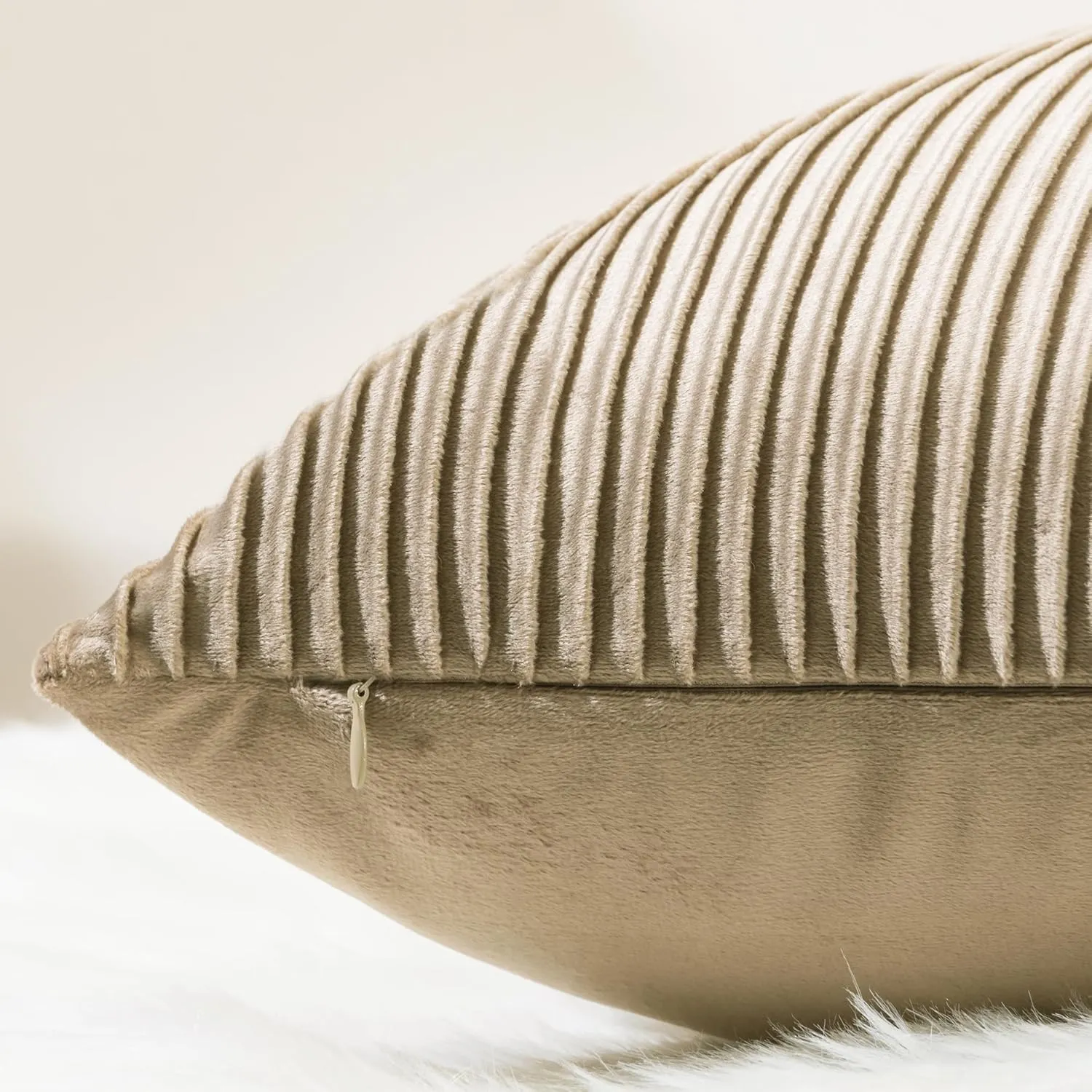 YCOLL Khaki Pillow Covers 18x18 Set of 2 Velvet Striped Pattern - Soft Throw Pillows for Home Decor, Luxury Decorative Pillow Covers for Couch, Bed,Living Room