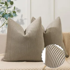 YCOLL Khaki Pillow Covers 18x18 Set of 2 Velvet Striped Pattern - Soft Throw Pillows for Home Decor, Luxury Decorative Pillow Covers for Couch, Bed,Living Room
