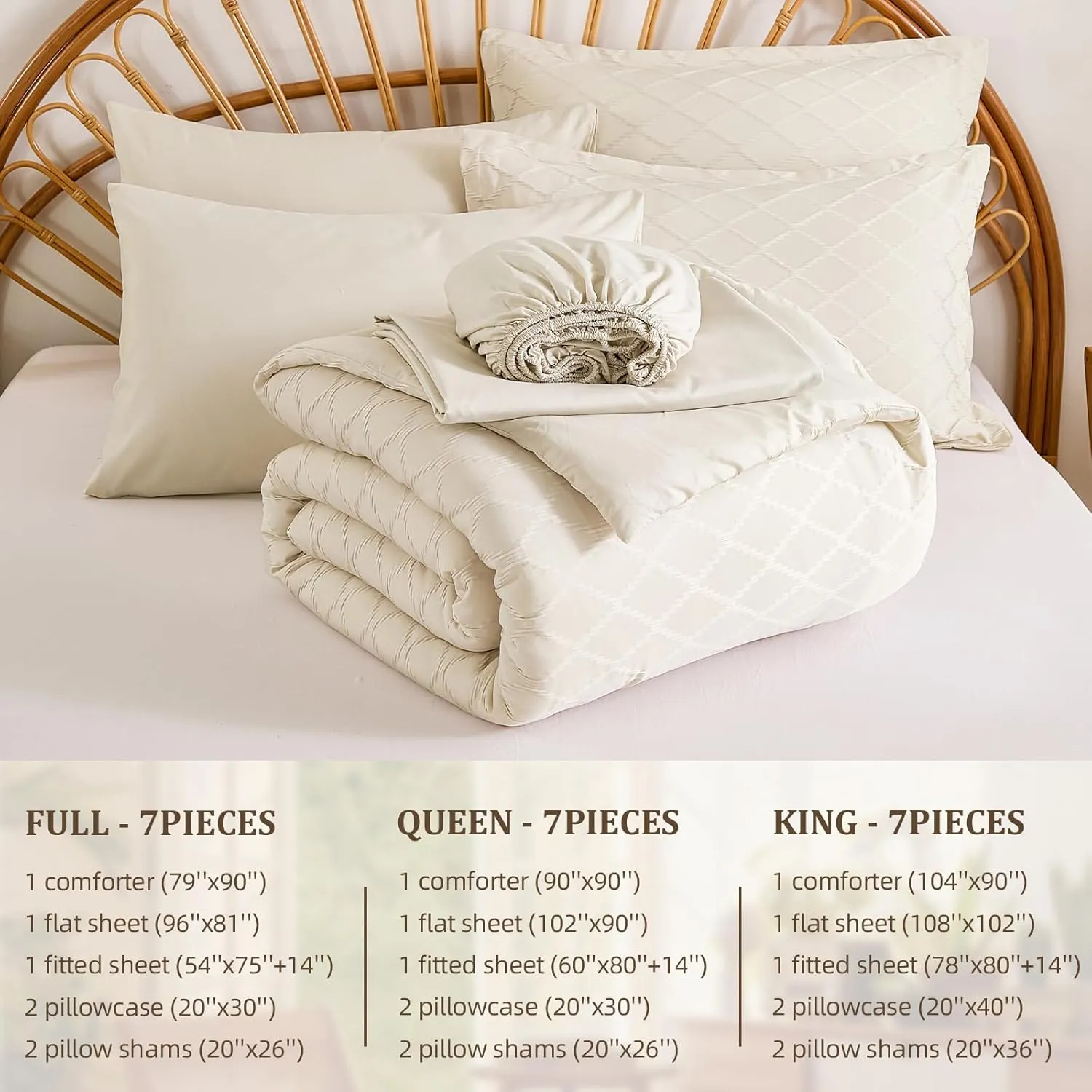 Yiran Beige Comforter Set Queen Size, Jacquard Tufted 7 Piece Bed in a Bag Queen, Textured Soft Microfiber Geometric Pattern Complete Bedding Set with Sheets for All Season
