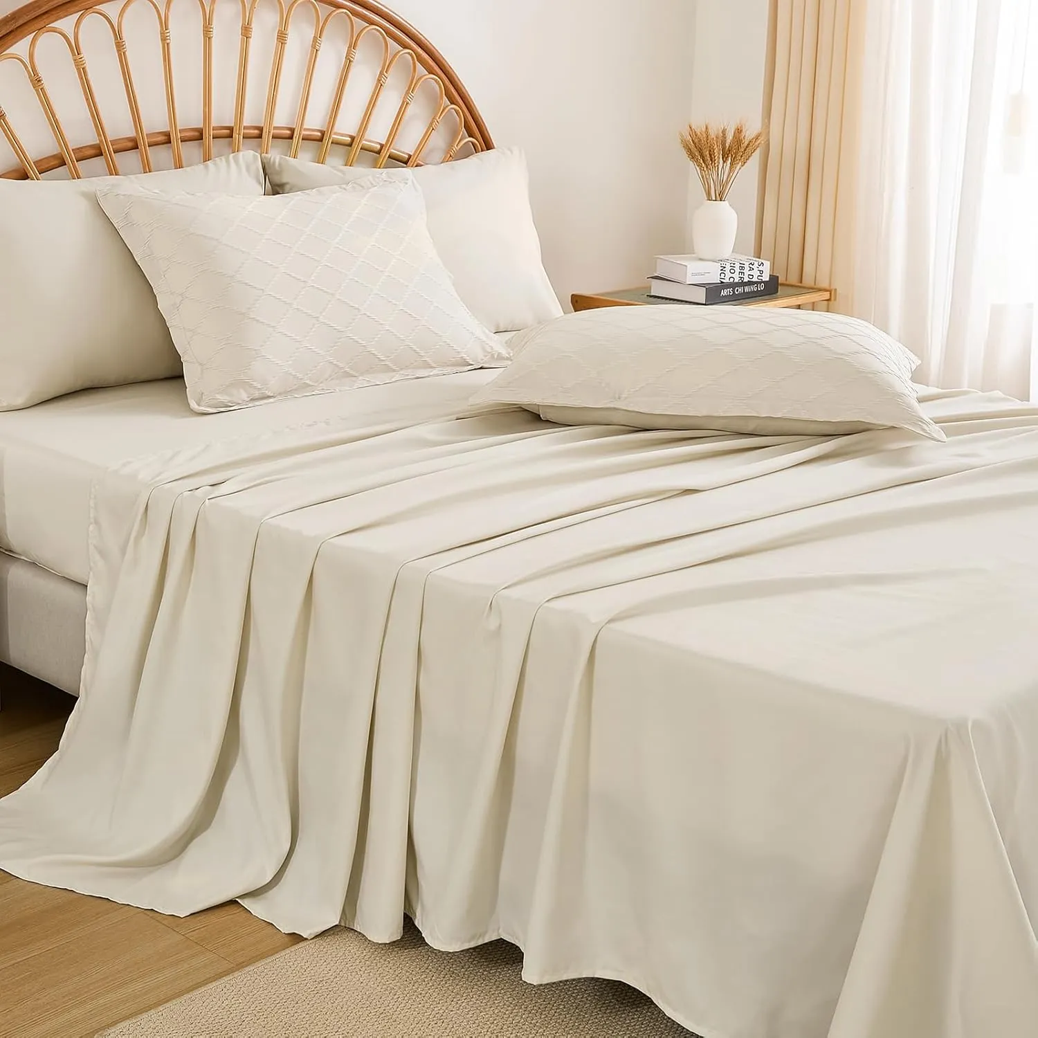 Yiran Beige Comforter Set Queen Size, Jacquard Tufted 7 Piece Bed in a Bag Queen, Textured Soft Microfiber Geometric Pattern Complete Bedding Set with Sheets for All Season