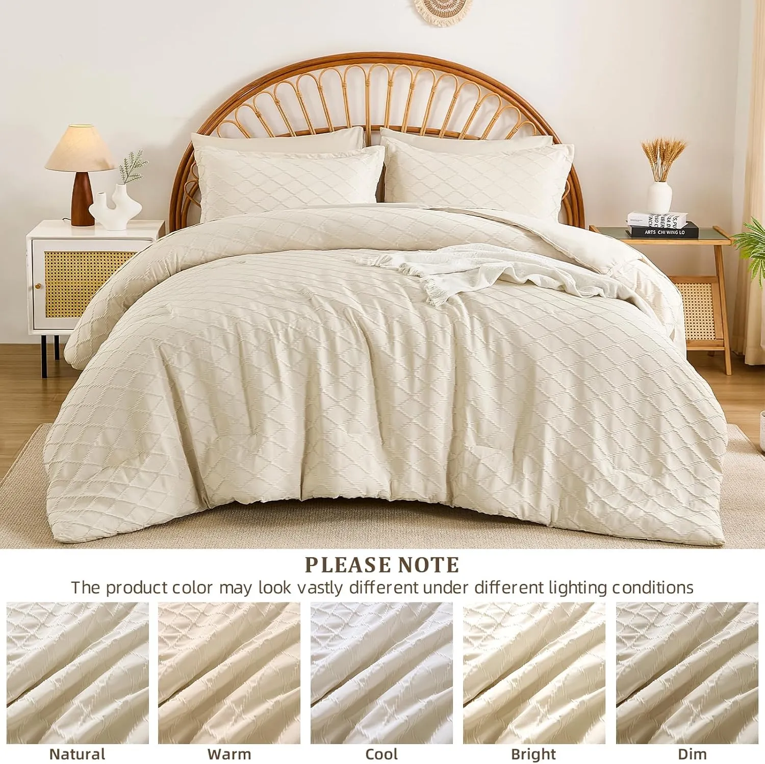 Yiran Beige Comforter Set Queen Size, Jacquard Tufted 7 Piece Bed in a Bag Queen, Textured Soft Microfiber Geometric Pattern Complete Bedding Set with Sheets for All Season