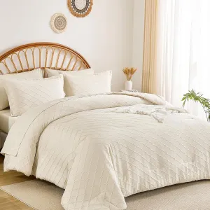 Yiran Beige Comforter Set Queen Size, Jacquard Tufted 7 Piece Bed in a Bag Queen, Textured Soft Microfiber Geometric Pattern Complete Bedding Set with Sheets for All Season