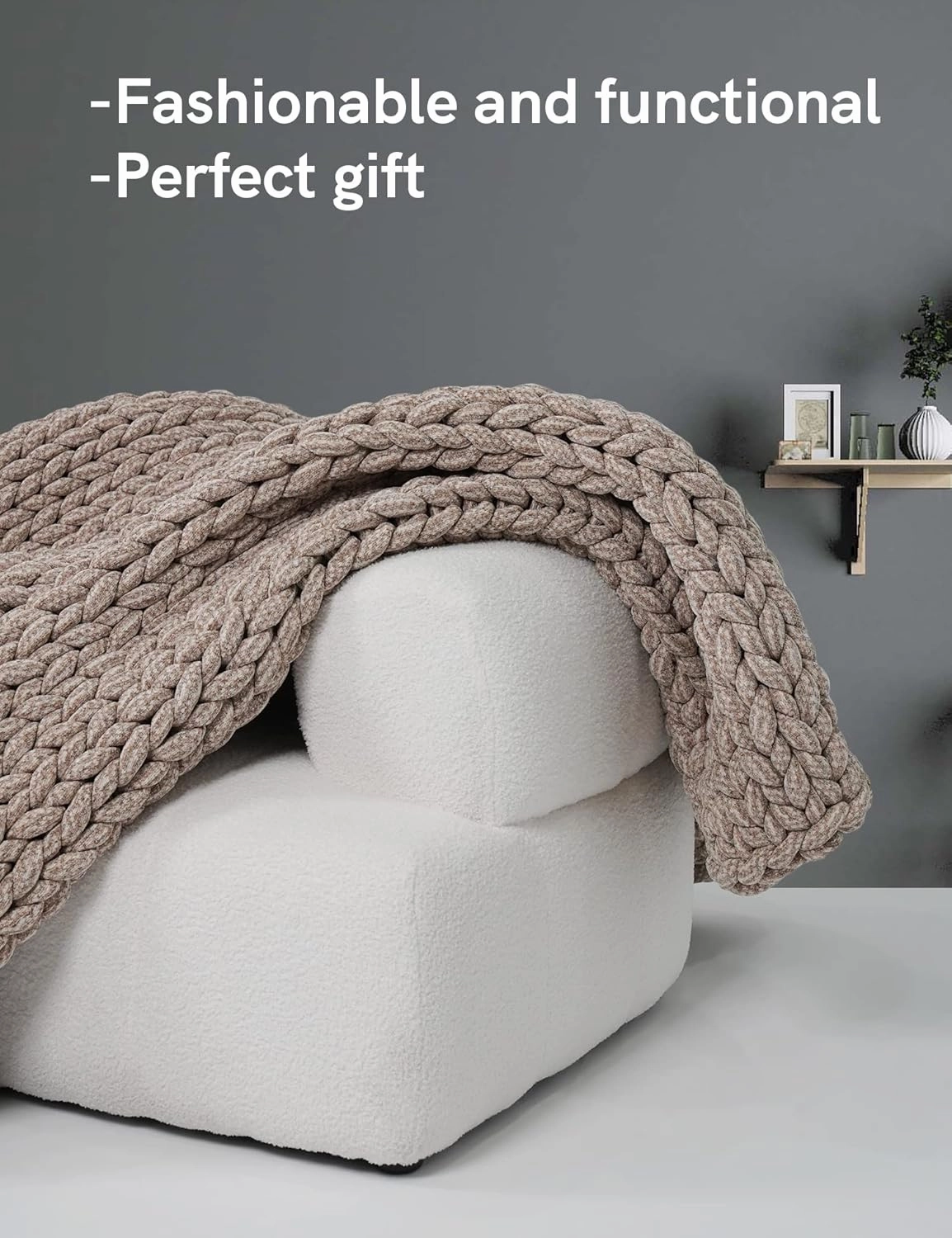 YnM Chenille Weighted Blanket, Handmade Chunky Knitted Design, Soft and Cozy, Temperature Regulating and Breathable, Machine Washable Throw for Sleep or Home Decor (Beige, 50x60 Inch, 10lbs)