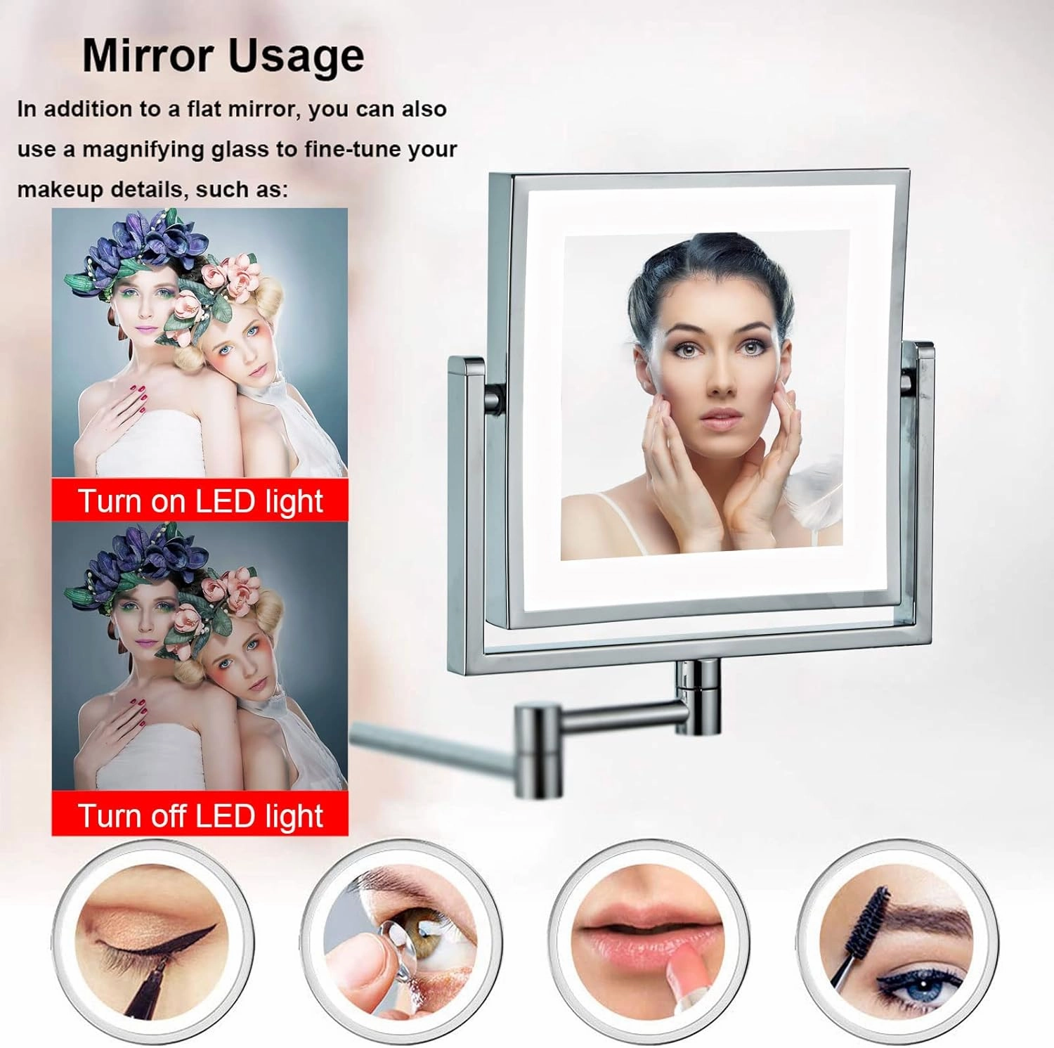 YSUEFIJO Wall Mounted Makeup Mirror, Cosmetic Mirror with Light and 3X Magnification, 8 Inch LED Bathroom Vanity Double Sided Mirror 360° Swivel with Retractable Arm (Gold Plug)