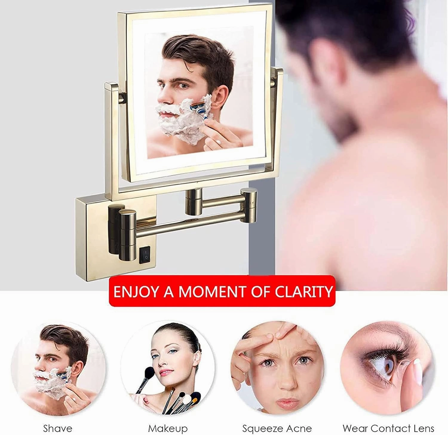 YSUEFIJO Wall Mounted Makeup Mirror, Cosmetic Mirror with Light and 3X Magnification, 8 Inch LED Bathroom Vanity Double Sided Mirror 360° Swivel with Retractable Arm (Gold Plug)