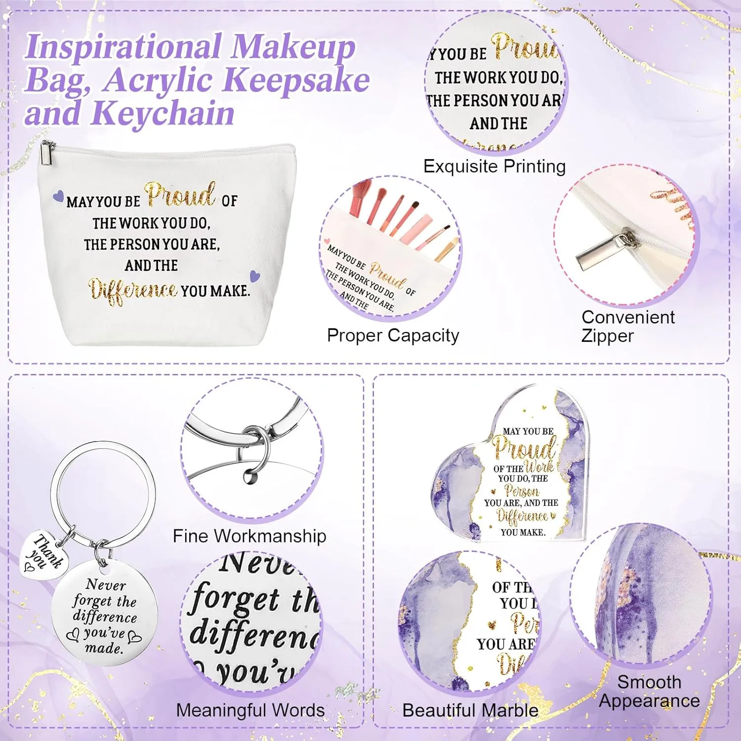 Yungyan 8 Pcs Appreciation Gift for Women Men, May You Proud of the Work You Do Tumbler Notebook Pen Makeup Bag Acrylic Keepsake Keychain for Employee Teacher Nurse Lady Men Coworker Secretary(Purple)