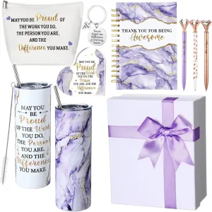 Yungyan 8 Pcs Appreciation Gift for Women Men, May You Proud of the Work You Do Tumbler Notebook Pen Makeup Bag Acrylic Keepsake Keychain for Employee Teacher Nurse Lady Men Coworker Secretary(Purple)