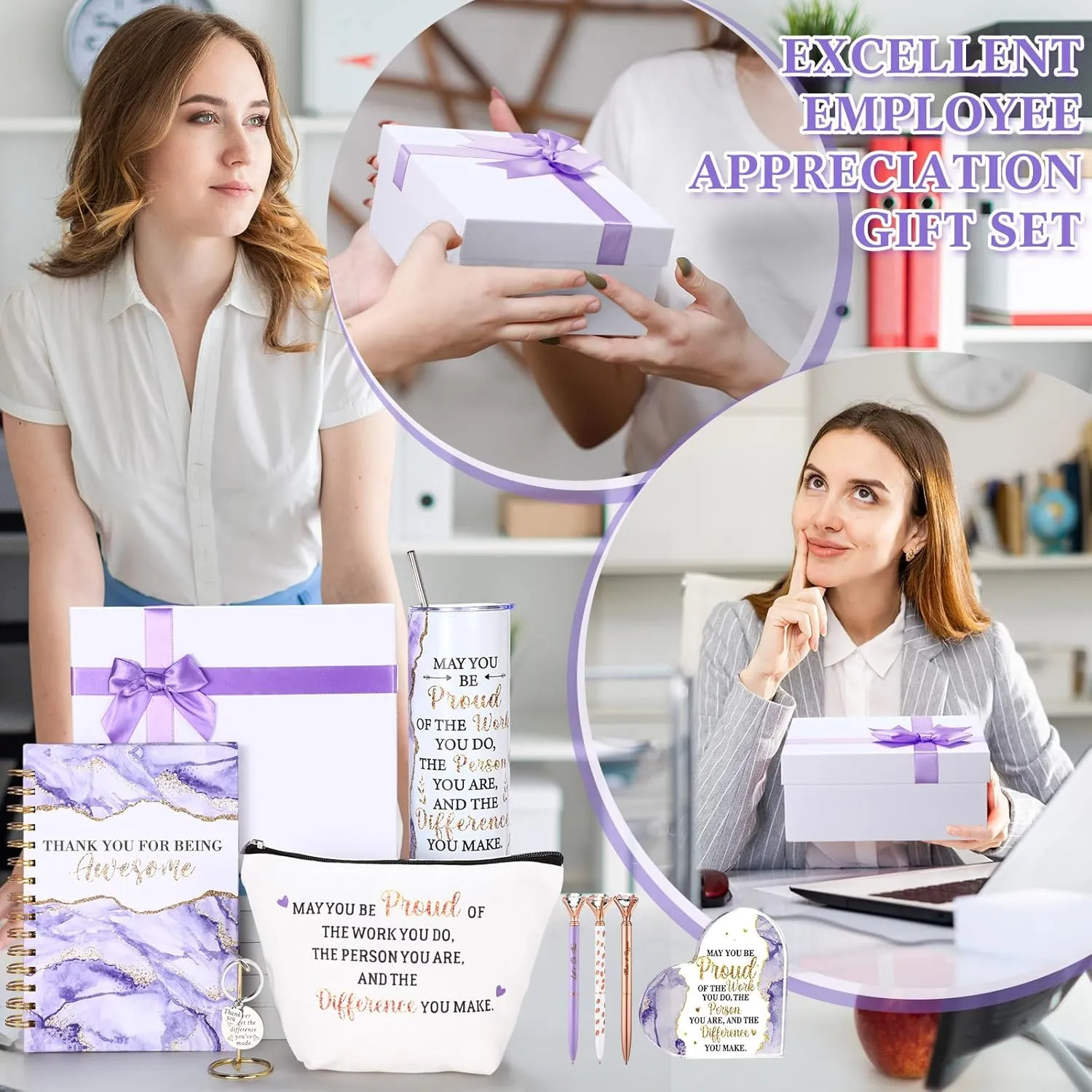 Yungyan 8 Pcs Appreciation Gift for Women Men, May You Proud of the Work You Do Tumbler Notebook Pen Makeup Bag Acrylic Keepsake Keychain for Employee Teacher Nurse Lady Men Coworker Secretary(Purple)