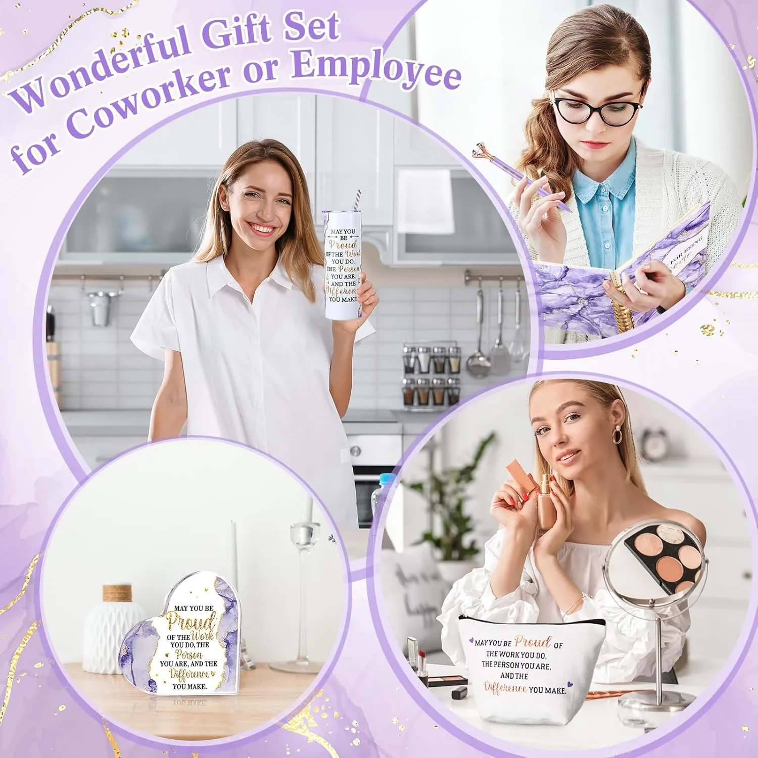 Yungyan 8 Pcs Appreciation Gift for Women Men, May You Proud of the Work You Do Tumbler Notebook Pen Makeup Bag Acrylic Keepsake Keychain for Employee Teacher Nurse Lady Men Coworker Secretary(Purple)