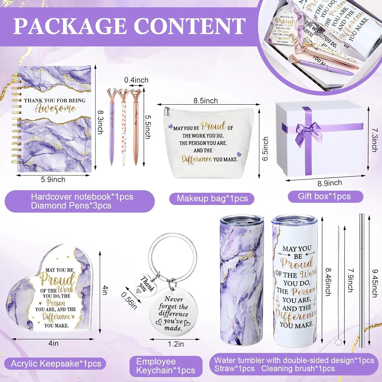 Yungyan 8 Pcs Appreciation Gift for Women Men, May You Proud of the Work You Do Tumbler Notebook Pen Makeup Bag Acrylic Keepsake Keychain for Employee Teacher Nurse Lady Men Coworker Secretary(Purple)