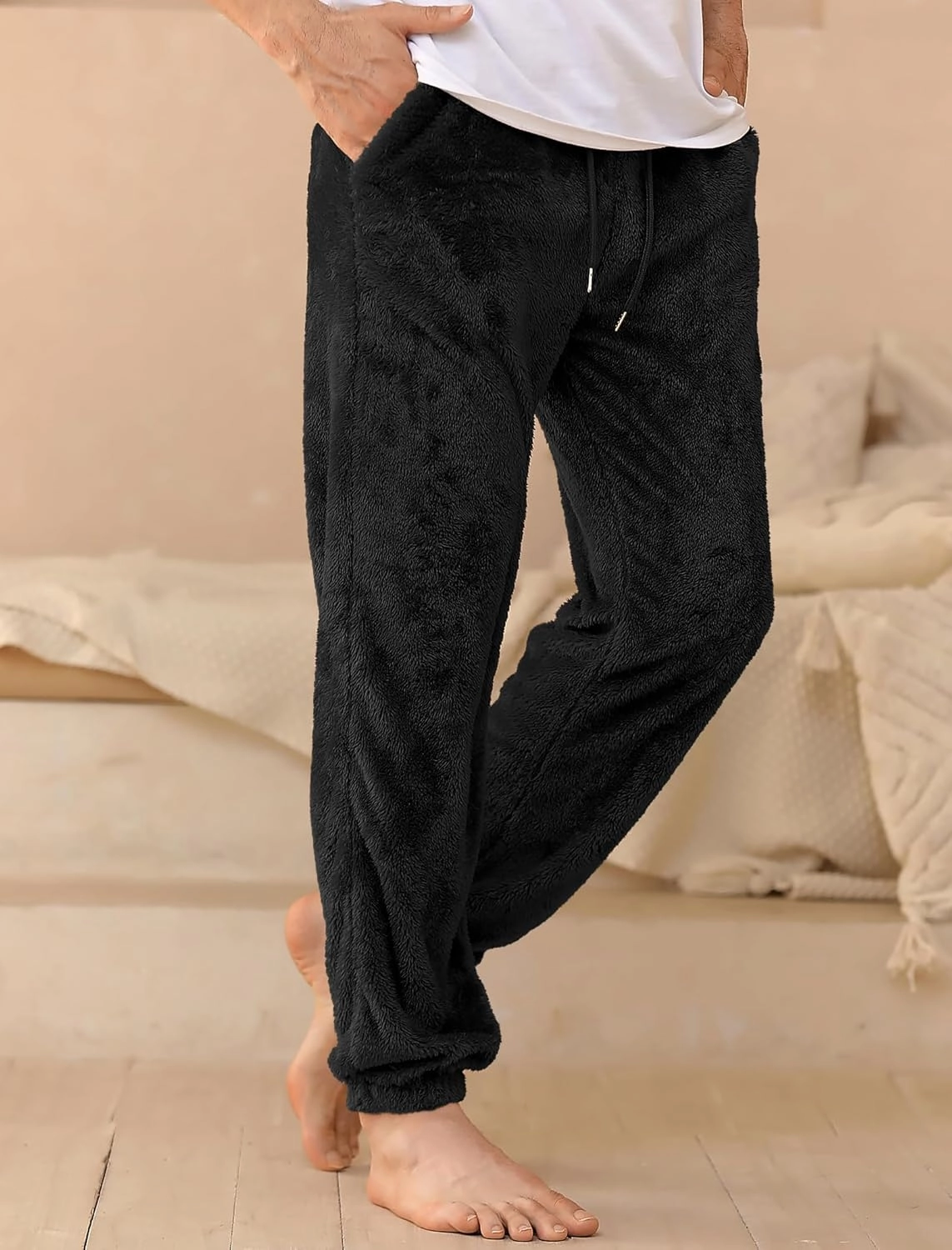 ZAFUL Men’s Fluffy Teddy Beam Feet Plush Fuzzy Warm Pajama Pants Sleepwear Loungewear Trouser with Pockets