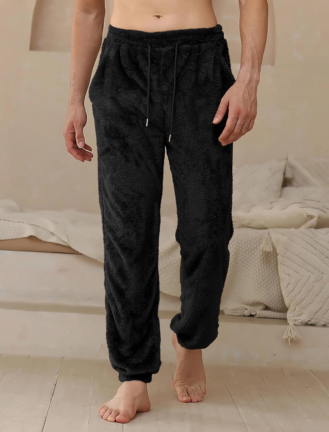ZAFUL Men’s Fluffy Teddy Beam Feet Plush Fuzzy Warm Pajama Pants Sleepwear Loungewear Trouser with Pockets