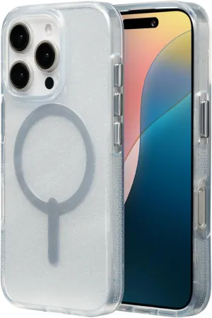 ZAGG Milan Snap Case for iPhone 16 Pro – White Glitter Swirl on Clear Base, MagSafe Compatible, 13ft Drop Protection, Recycled Materials, Slim & Stylish Design