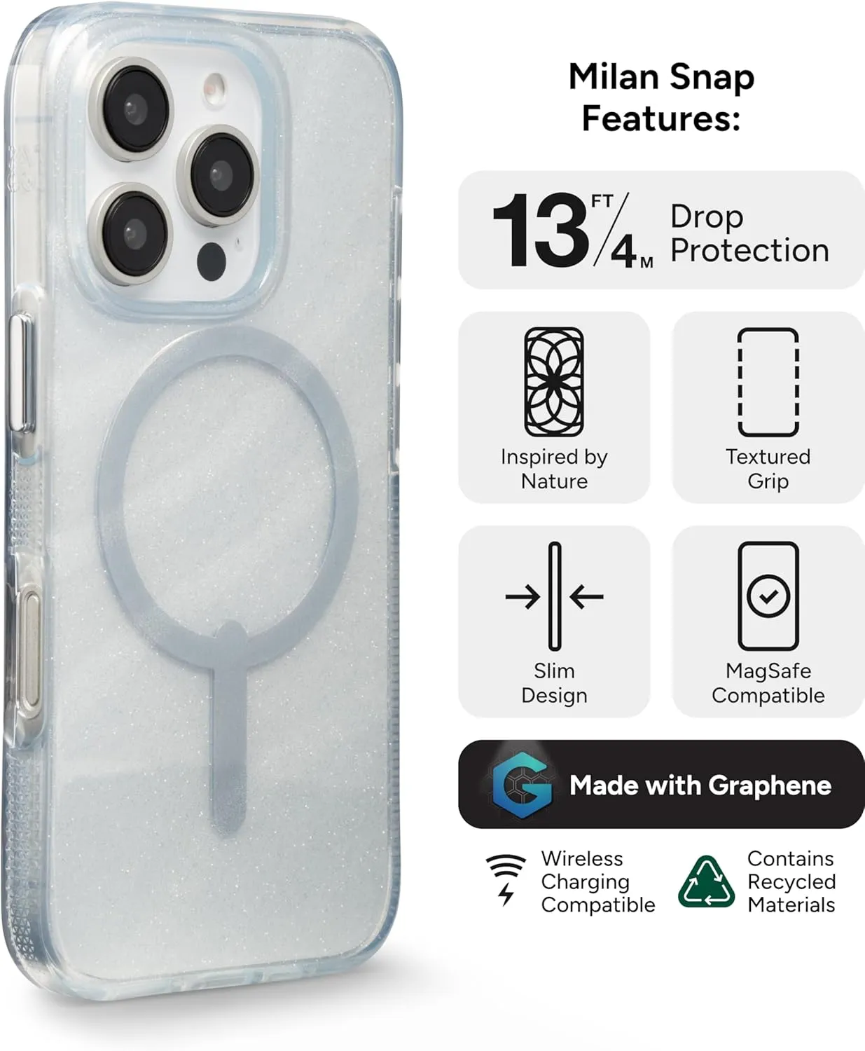 ZAGG Milan Snap Case for iPhone 16 Pro – White Glitter Swirl on Clear Base, MagSafe Compatible, 13ft Drop Protection, Recycled Materials, Slim & Stylish Design