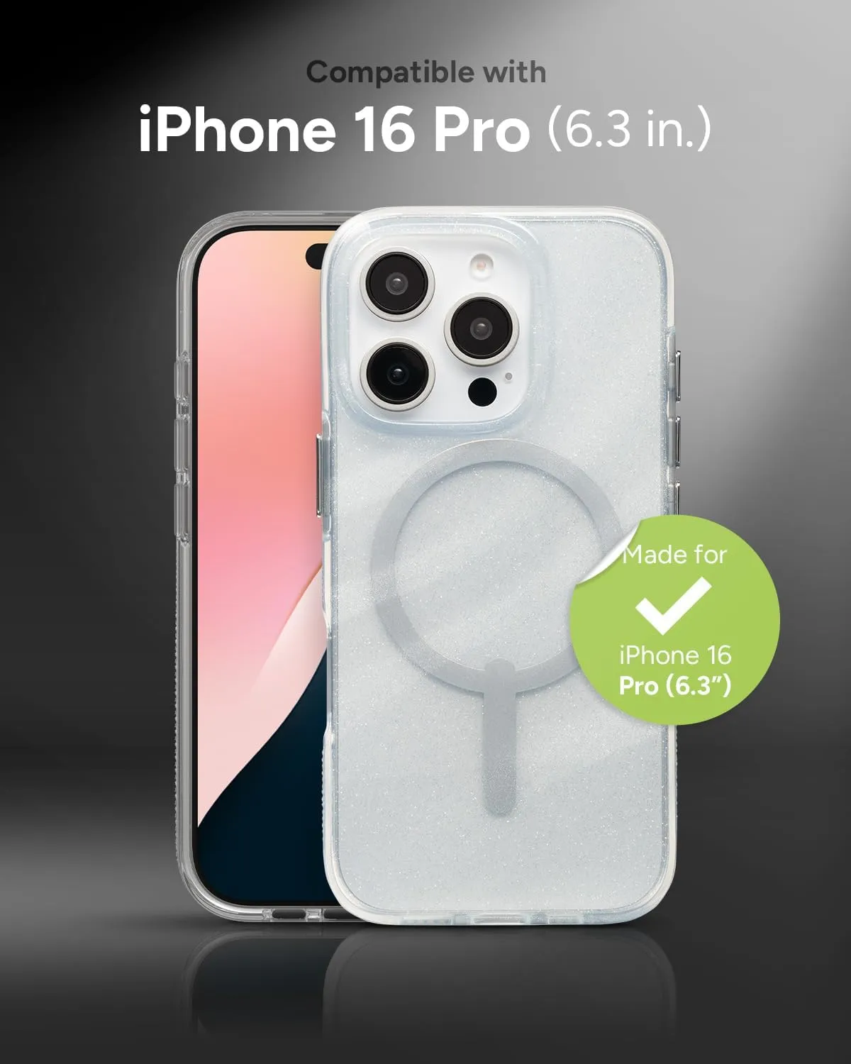 ZAGG Milan Snap Case for iPhone 16 Pro – White Glitter Swirl on Clear Base, MagSafe Compatible, 13ft Drop Protection, Recycled Materials, Slim & Stylish Design