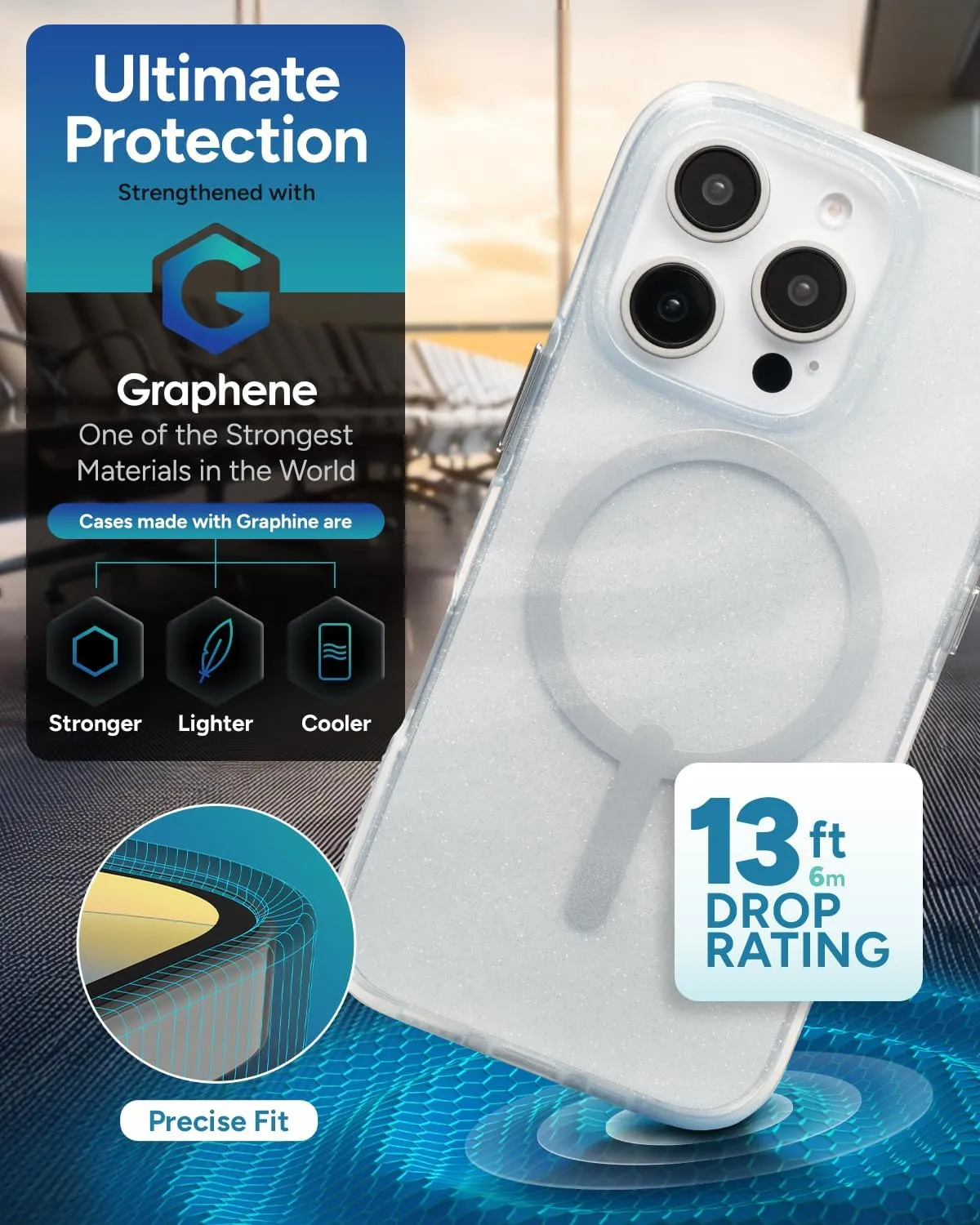 ZAGG Milan Snap Case for iPhone 16 Pro – White Glitter Swirl on Clear Base, MagSafe Compatible, 13ft Drop Protection, Recycled Materials, Slim & Stylish Design