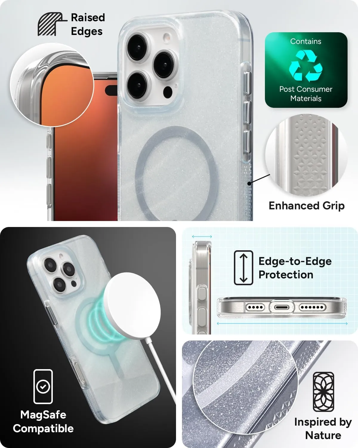 ZAGG Milan Snap iPhone 16 Pro Max Case – White Glitter Swirl on Clear Base, MagSafe Compatible, 13ft Drop Protection, Recycled Materials, Slim & Stylish Design