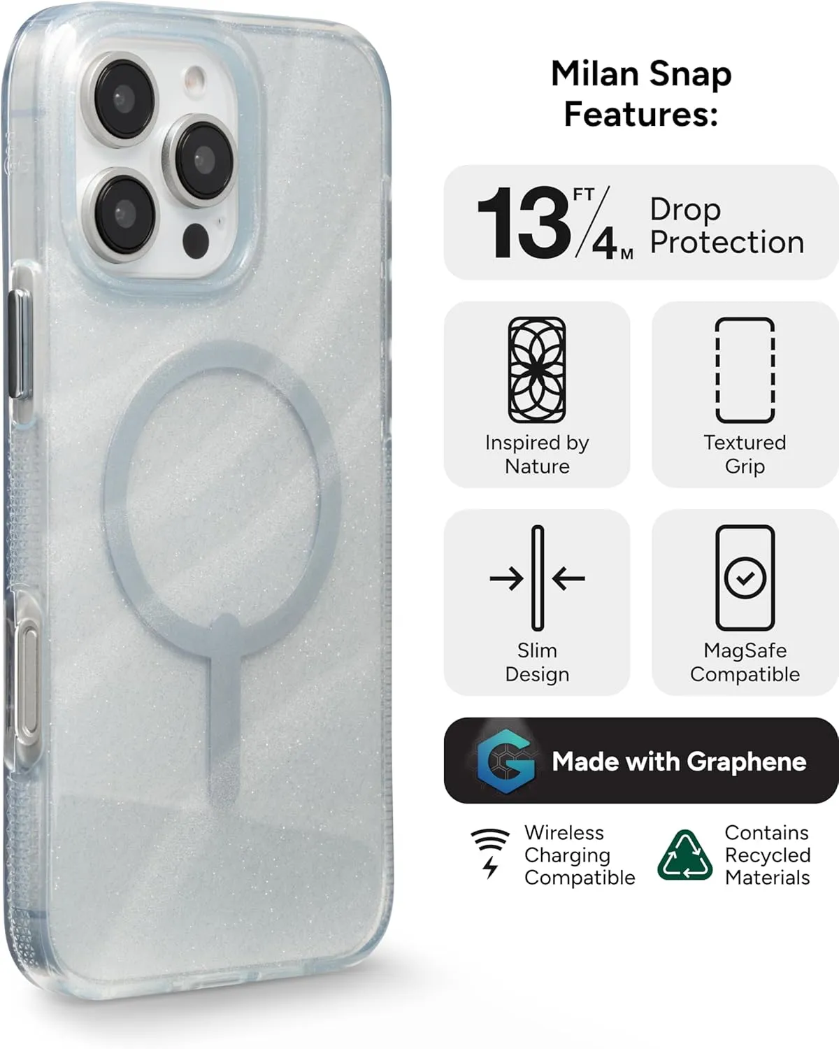 ZAGG Milan Snap iPhone 16 Pro Max Case – White Glitter Swirl on Clear Base, MagSafe Compatible, 13ft Drop Protection, Recycled Materials, Slim & Stylish Design