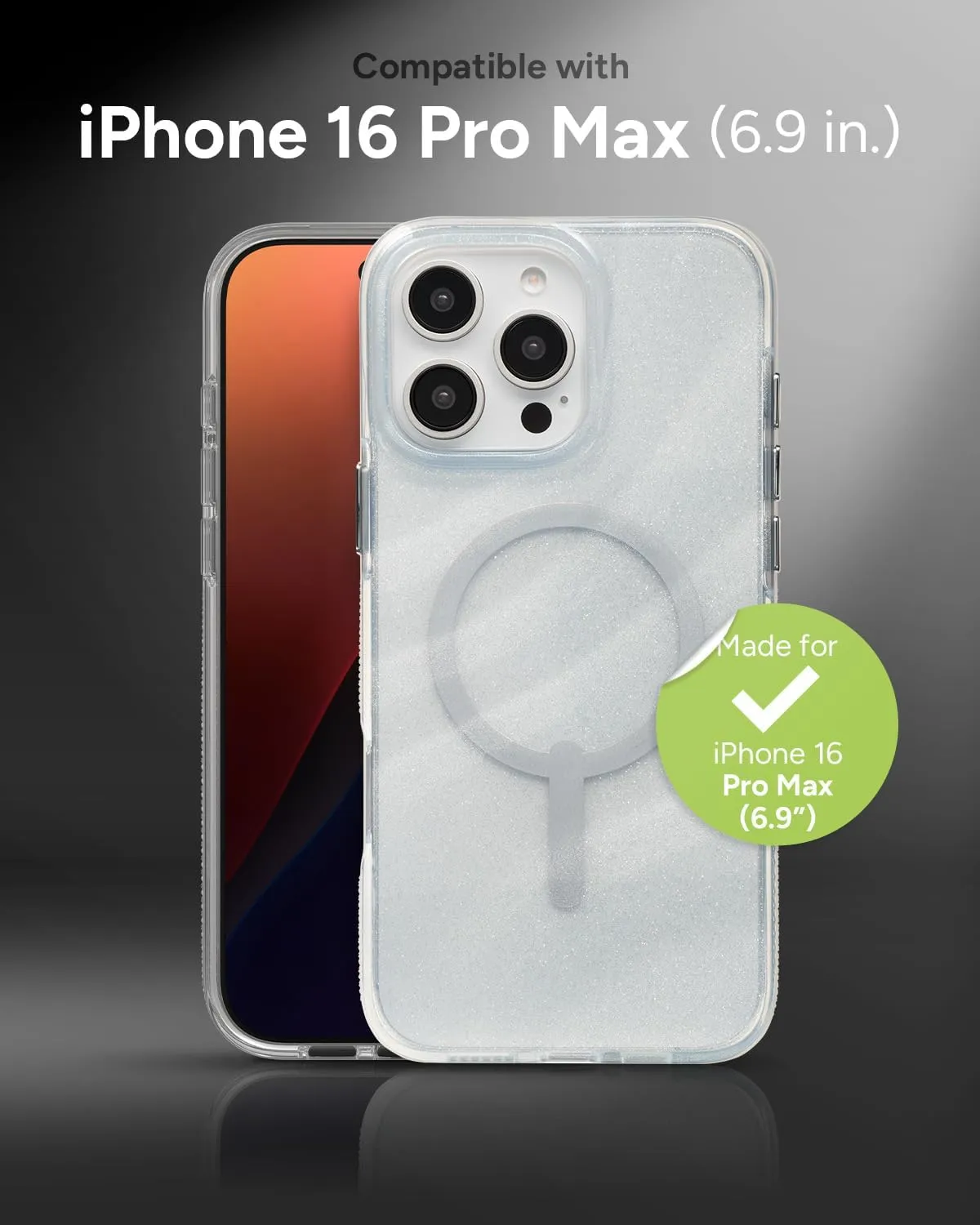 ZAGG Milan Snap iPhone 16 Pro Max Case – White Glitter Swirl on Clear Base, MagSafe Compatible, 13ft Drop Protection, Recycled Materials, Slim & Stylish Design