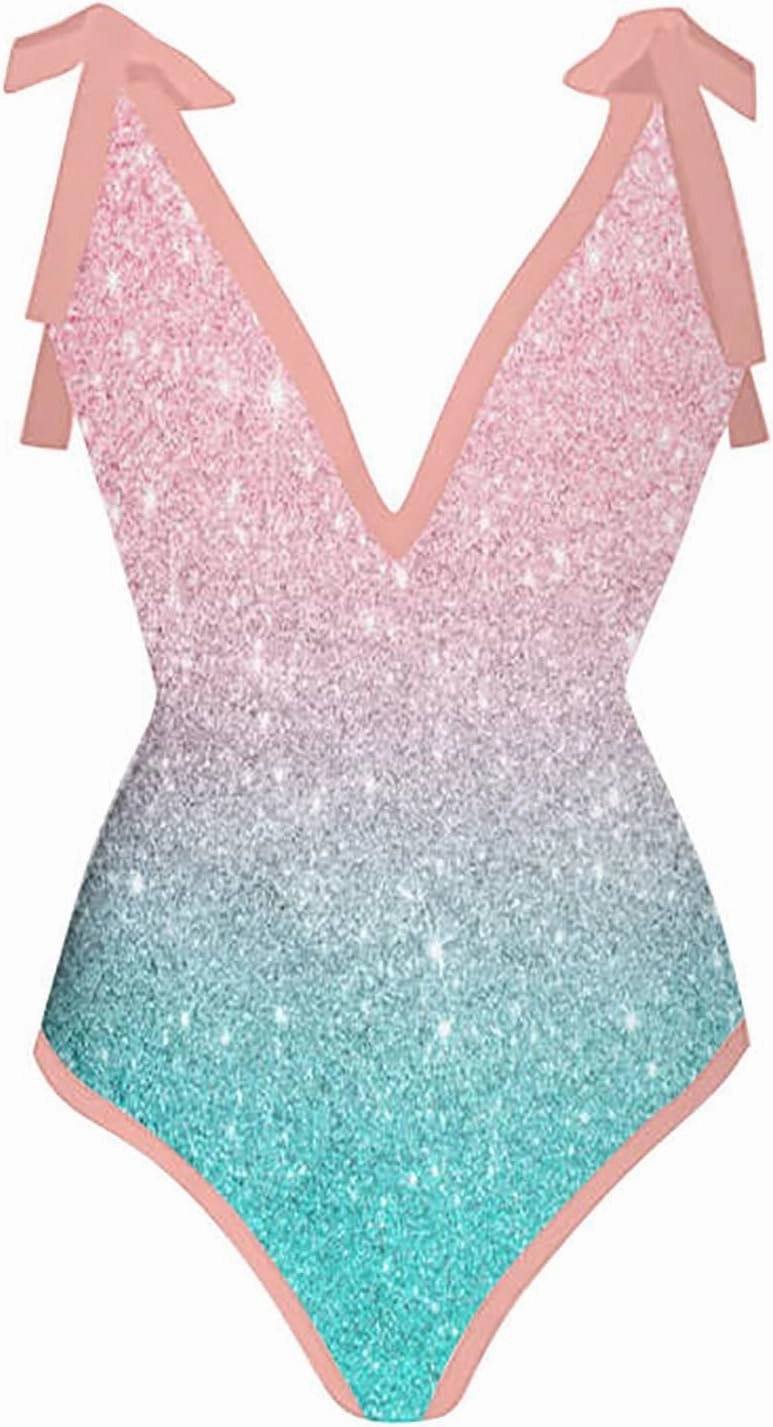 ZDRZK Sexy Sparkly One Piece Swimsuit with Beach Coverups Cute Printed Push Up Bikini Set Two Piece Wrap Skirt Bathing Suit