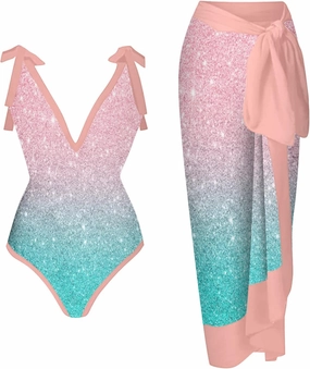 ZDRZK Sexy Sparkly One Piece Swimsuit with Beach Coverups Cute Printed Push Up Bikini Set Two Piece Wrap Skirt Bathing Suit