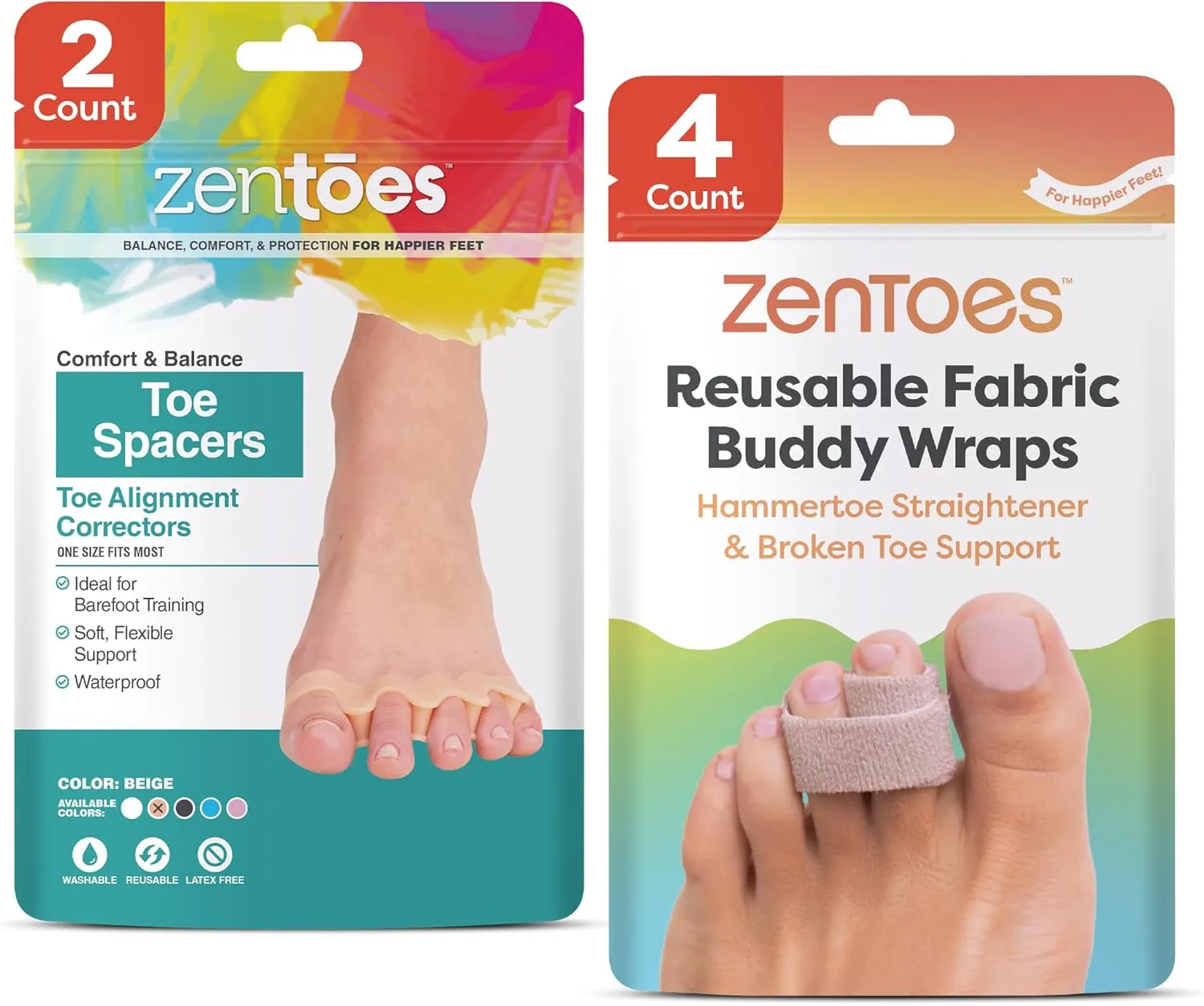 ZenToes Toe Alignment Bundle - Hammertoe Corrector for Women & Men, 4 Count (OSFM, Beige)   Silicone Toe Spacers and Separators, 2 Pairs (Beige)
