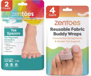 ZenToes Toe Alignment Bundle - Hammertoe Corrector for Women & Men, 4 Count (OSFM, Beige)   Silicone Toe Spacers and Separators, 2 Pairs (Beige)