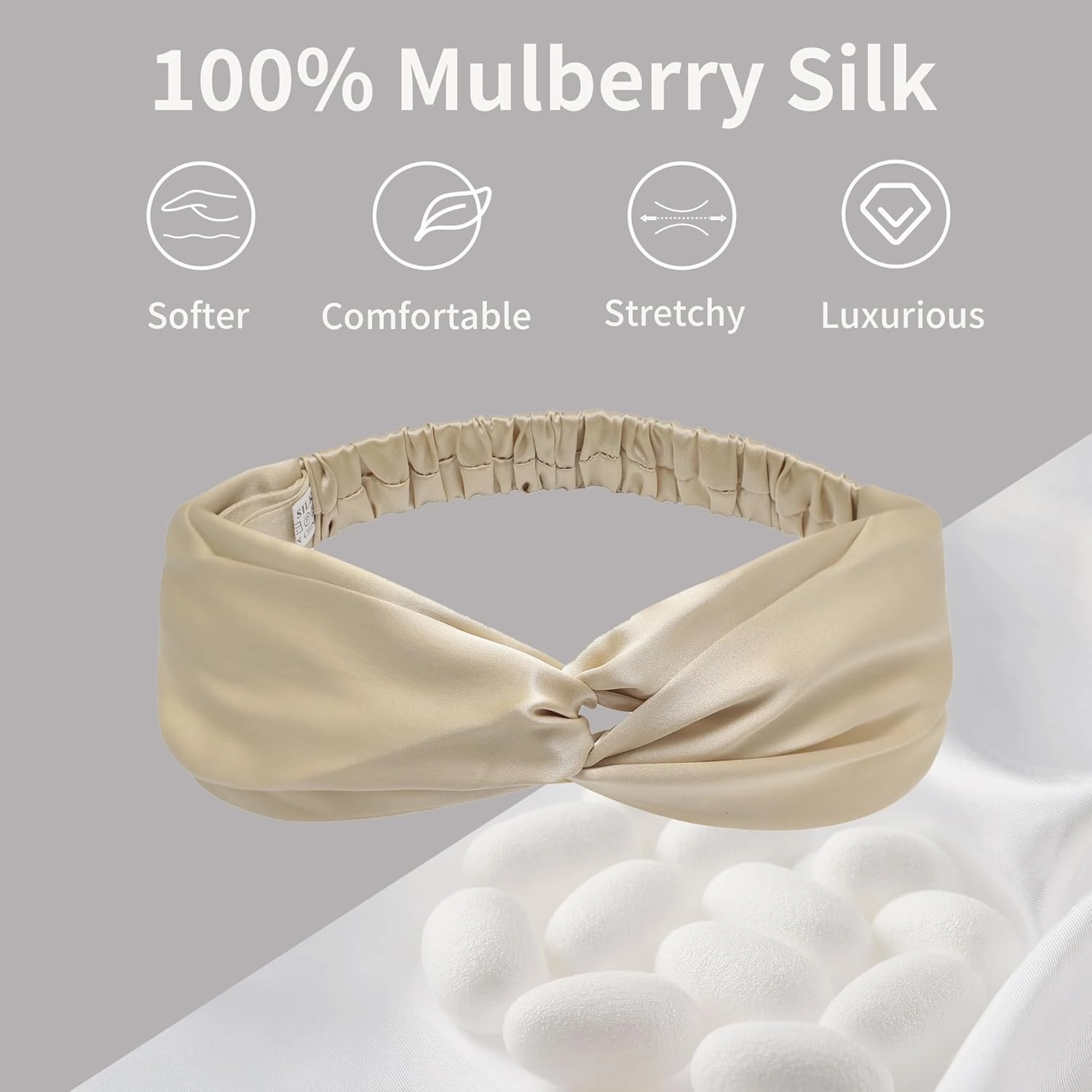 ZLYC Mulberry Silk Headband Elastic Twist Knotted Head Bands for Women's Hair, Solid Pale Beige